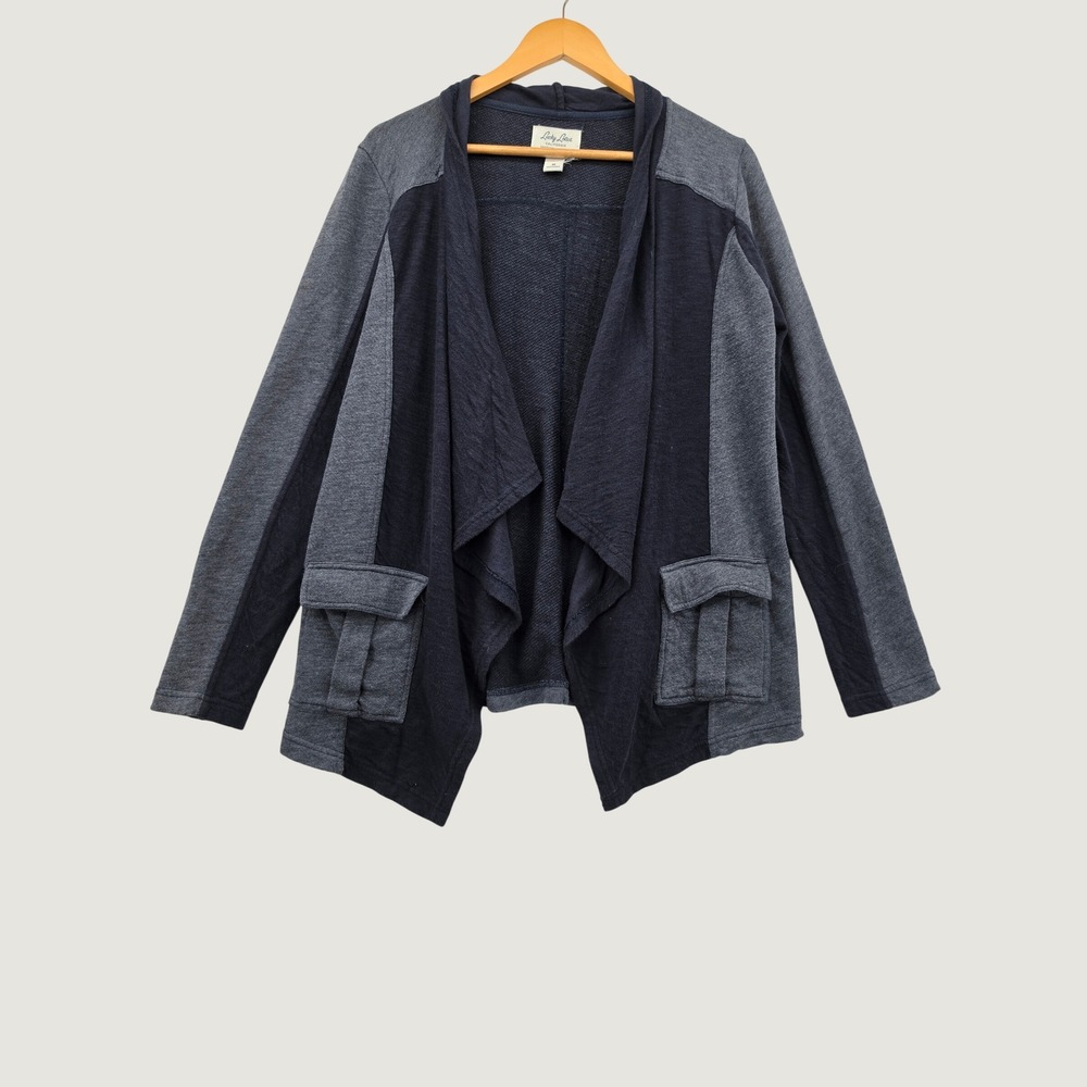Lucky Brand Lucky Lotus Cardigan Jacket Grey Navy Colorblock Draped Open Front M